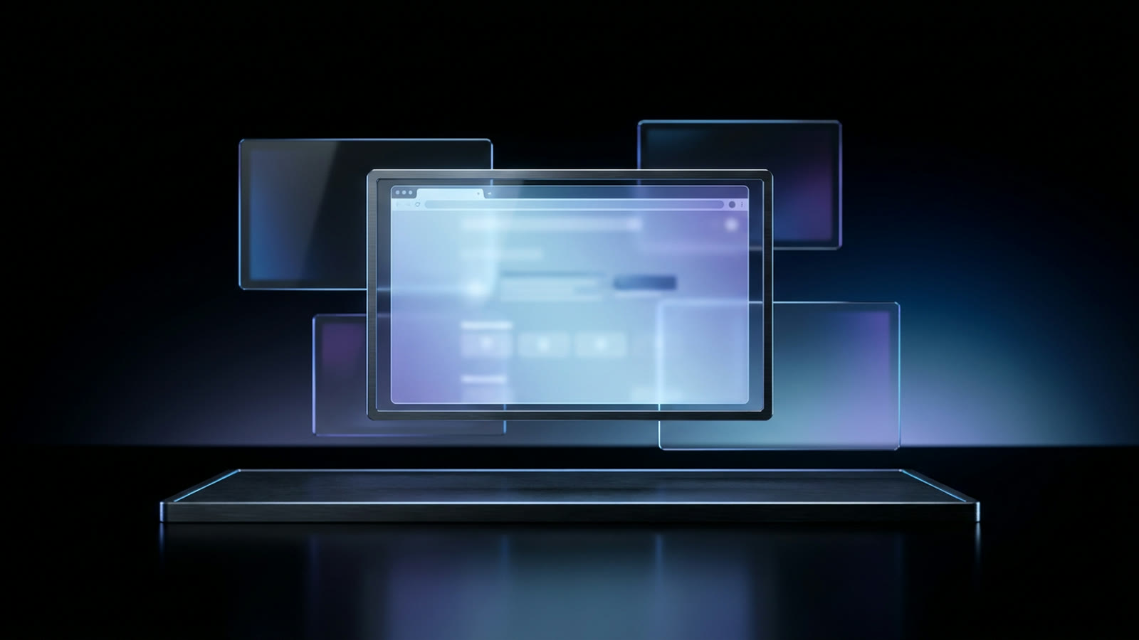Thin glass browser windows floating at different depths above a dark studio surface, lit in blue and indigo