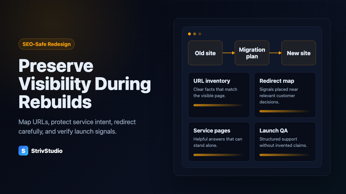StrivStudio redesign diagram showing an old website, migration plan, new website, URL inventory, redirect map, service pages, and launch QA.