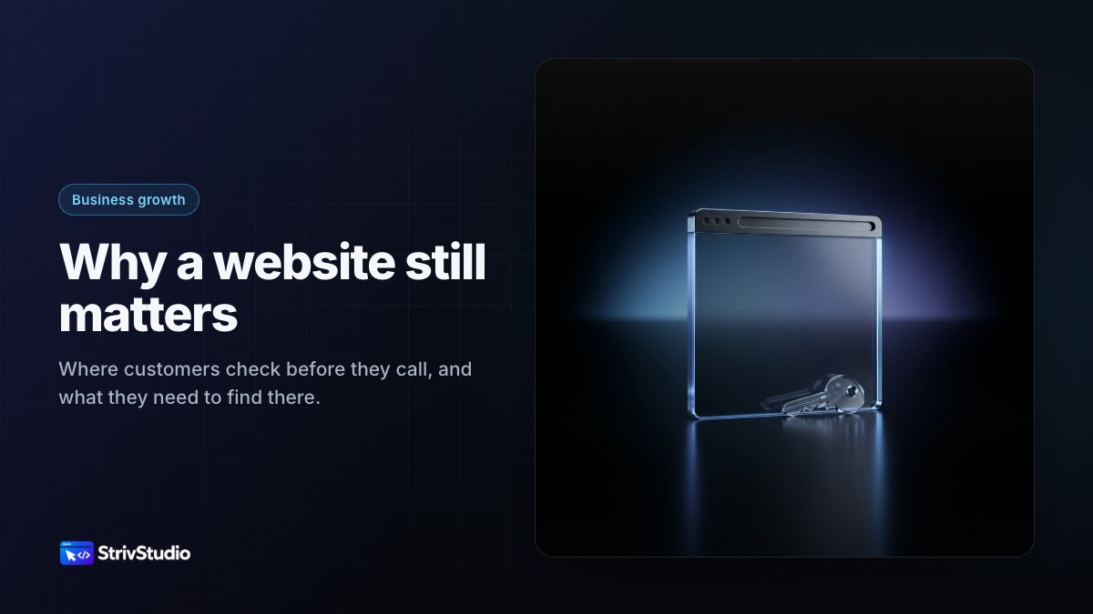 Illustration of a glowing glass browser window standing like a storefront sign on a dark studio floor, with a small glass key leaning against it