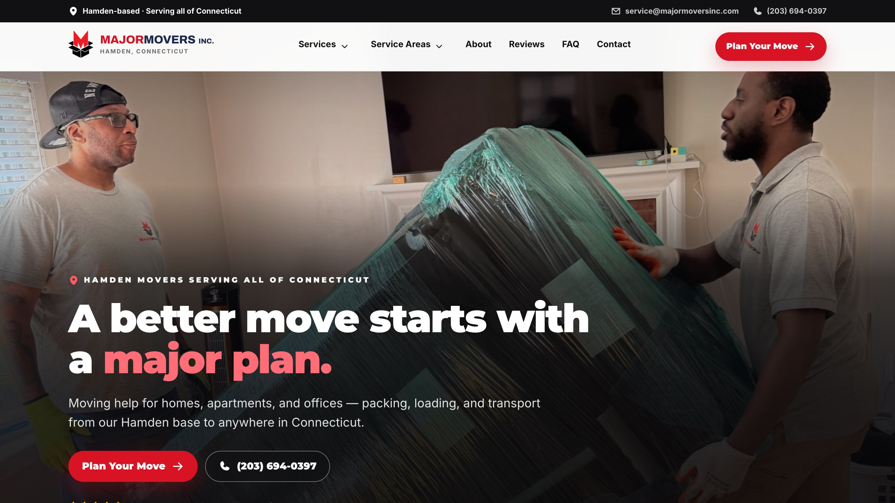 Homepage of Major Movers, built by StrivStudio