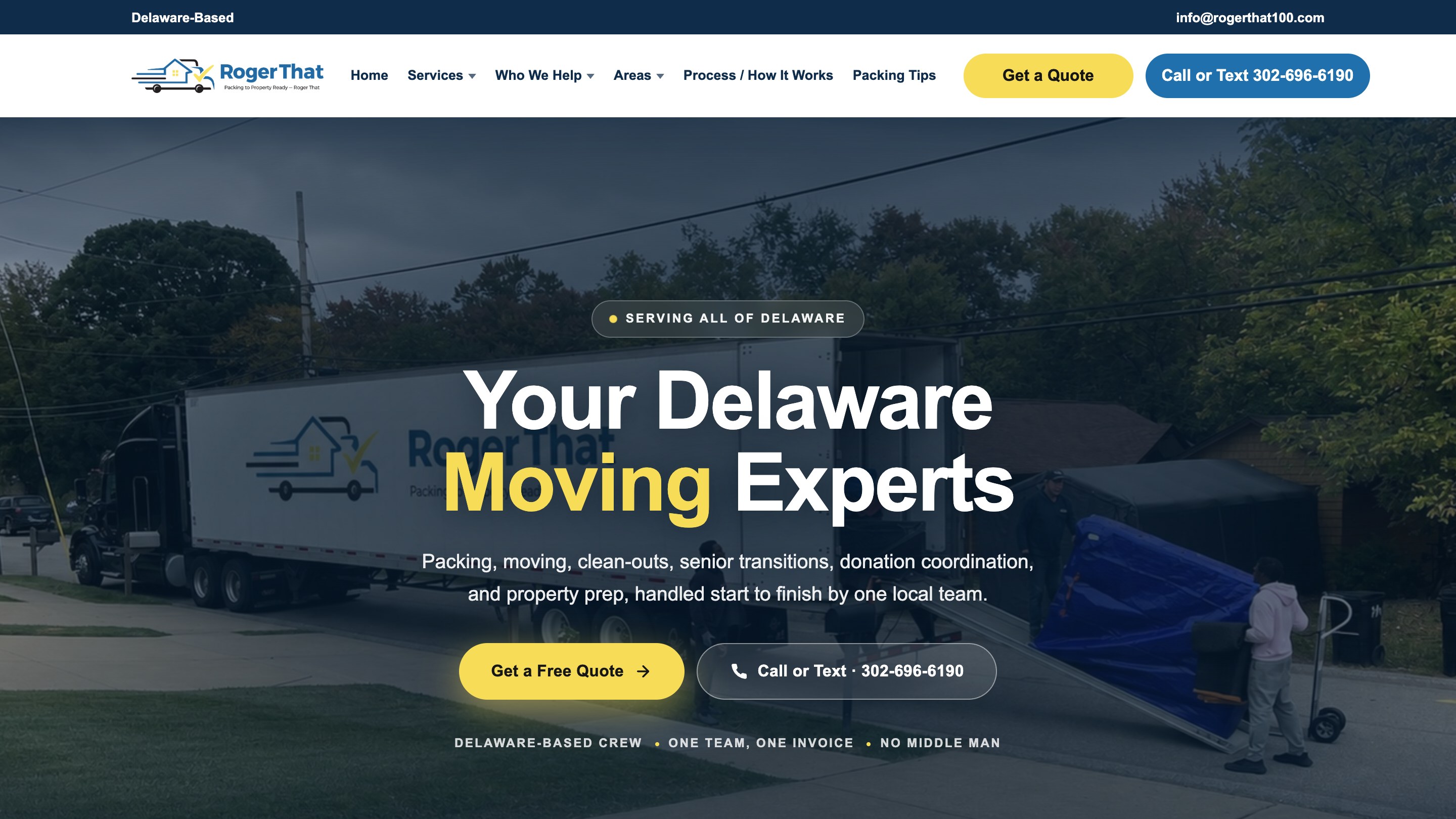 Homepage of Roger That Moving, built by StrivStudio